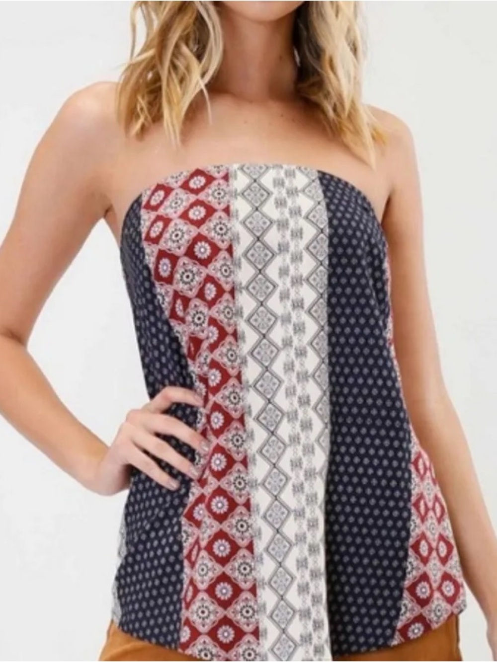 Anthropologie Lumiere brand Boho Patchwork Tunic Top in Navy, Red & Cream MEDIUM